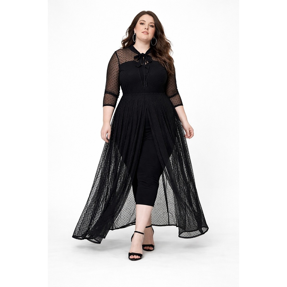 Unique Vintage Starlet Duster 4X Black Swiss Dot Sheer Mesh Maxi Cardigan Gothic